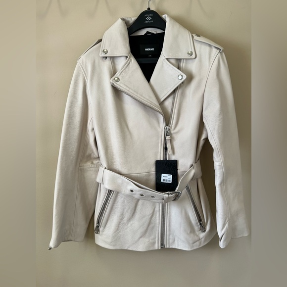 $1290 Mackage Womens SABINA Leather Biker Jacket with Cinch Belt  Cream - Picture 2 of 8